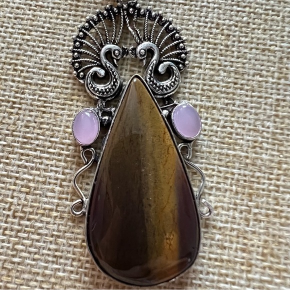 New Unique Tigers Eye Peacock Pink Chalcedony Silver Overlay Pendant Necklace - Picture 2 of 6